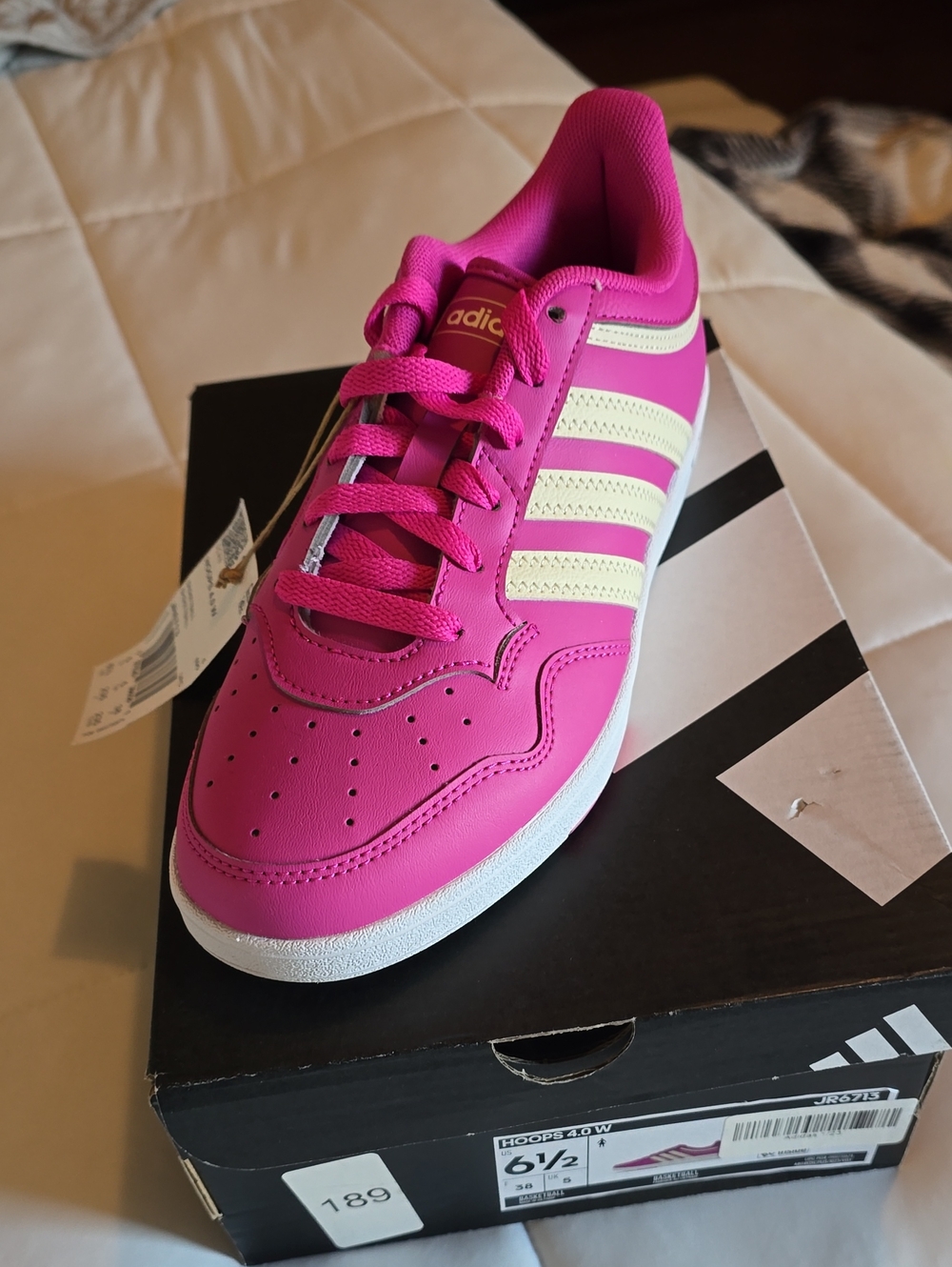 Adidas W6.5 Bright Pink HOOPS 4.0 Sneakers with Cream Stripes